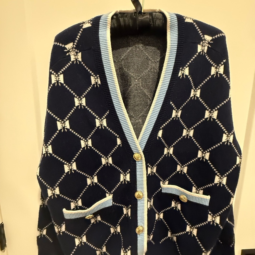 Maje Blue and Cream Cardigan with Gold Accents